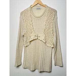 Monari Cream Textured Knit Sweater with Crocheted Overlay Cardigan‎ Style